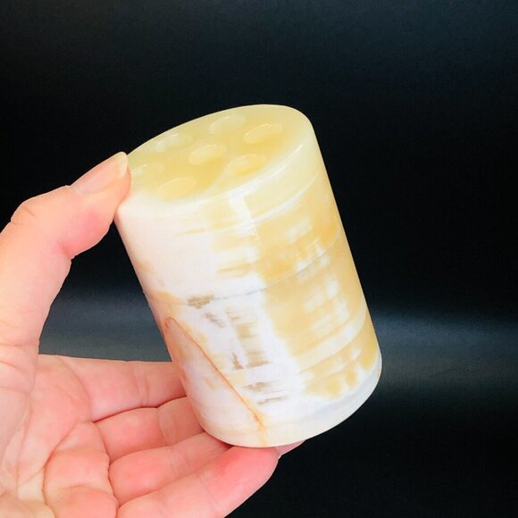 80s Cylindrical Natural Stone Pencil Holder Minimalist Onyx Desktop Organizer - Picture 8 of 10